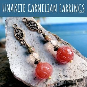 Boho Style Dangle Earrings, Unakite & Carnelian Bronze Earrings, Gift for Women
